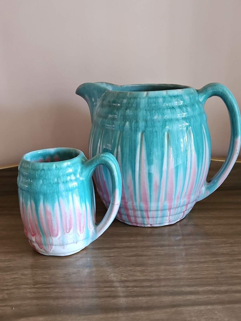 Turquoise and Pink Glazed Pitcher and Mug Set